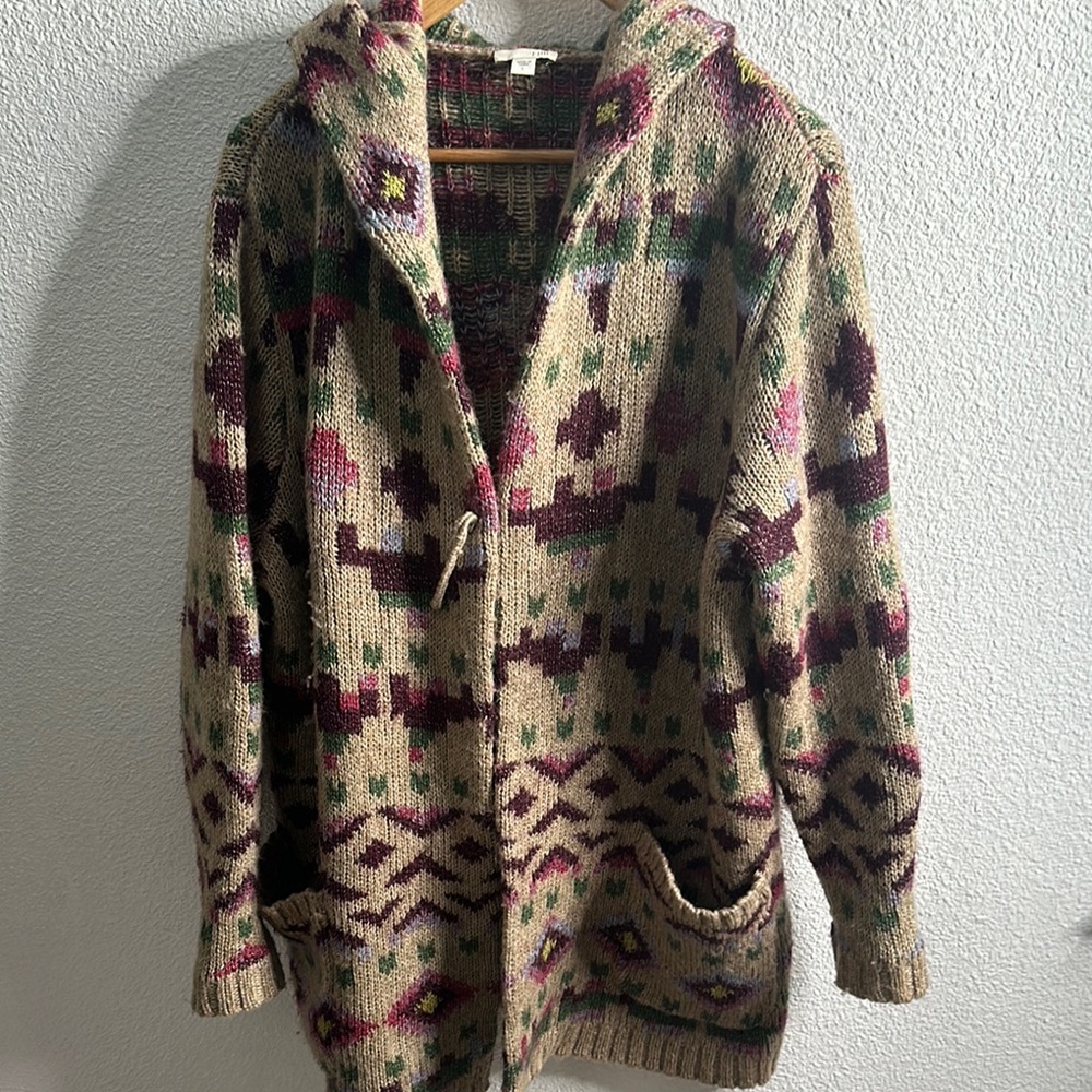 J Jill Lenox topper Aztec Lenox Hooded Sweatercardigan sz L beige burgundy wool - Picture 6 of 11